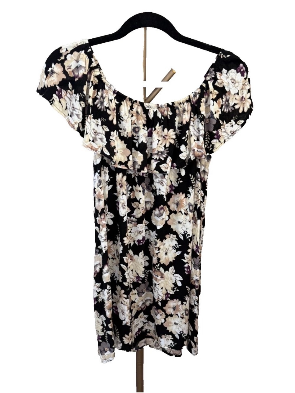 Newbury Kustom Black Floral Off-Shoulder Dress Medium Made in USA EUC